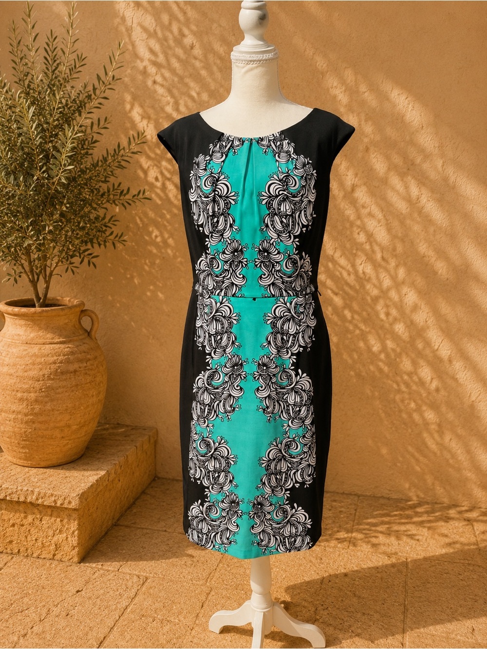London Times Black & Teal Floral-Panel Sheath Dress